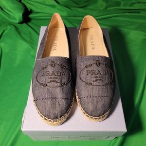 Prada Denim Blue Embossed Logo Hemp Espadrilles Flat Shoes sz 9/39 Retail $850